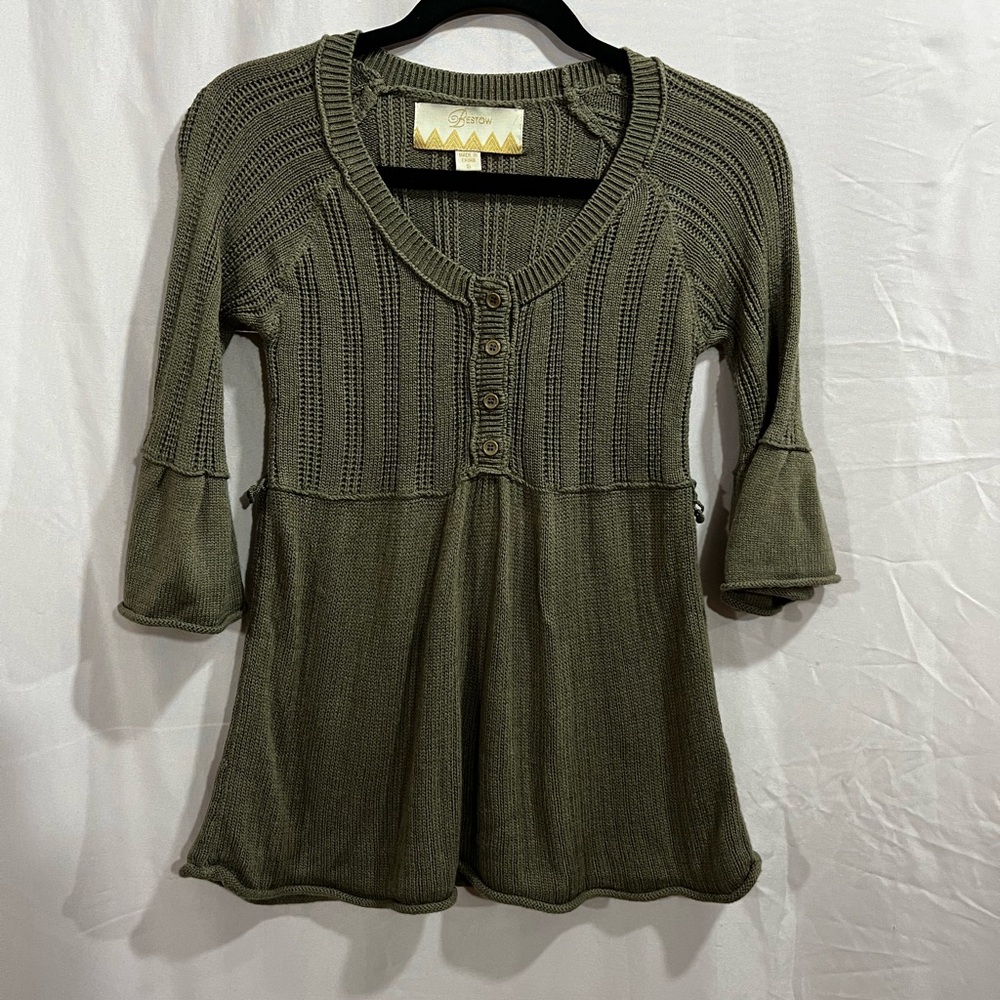 Habitat Olive Green Knit Button-Front Tunic Top 3/4 Sleeve A-Line